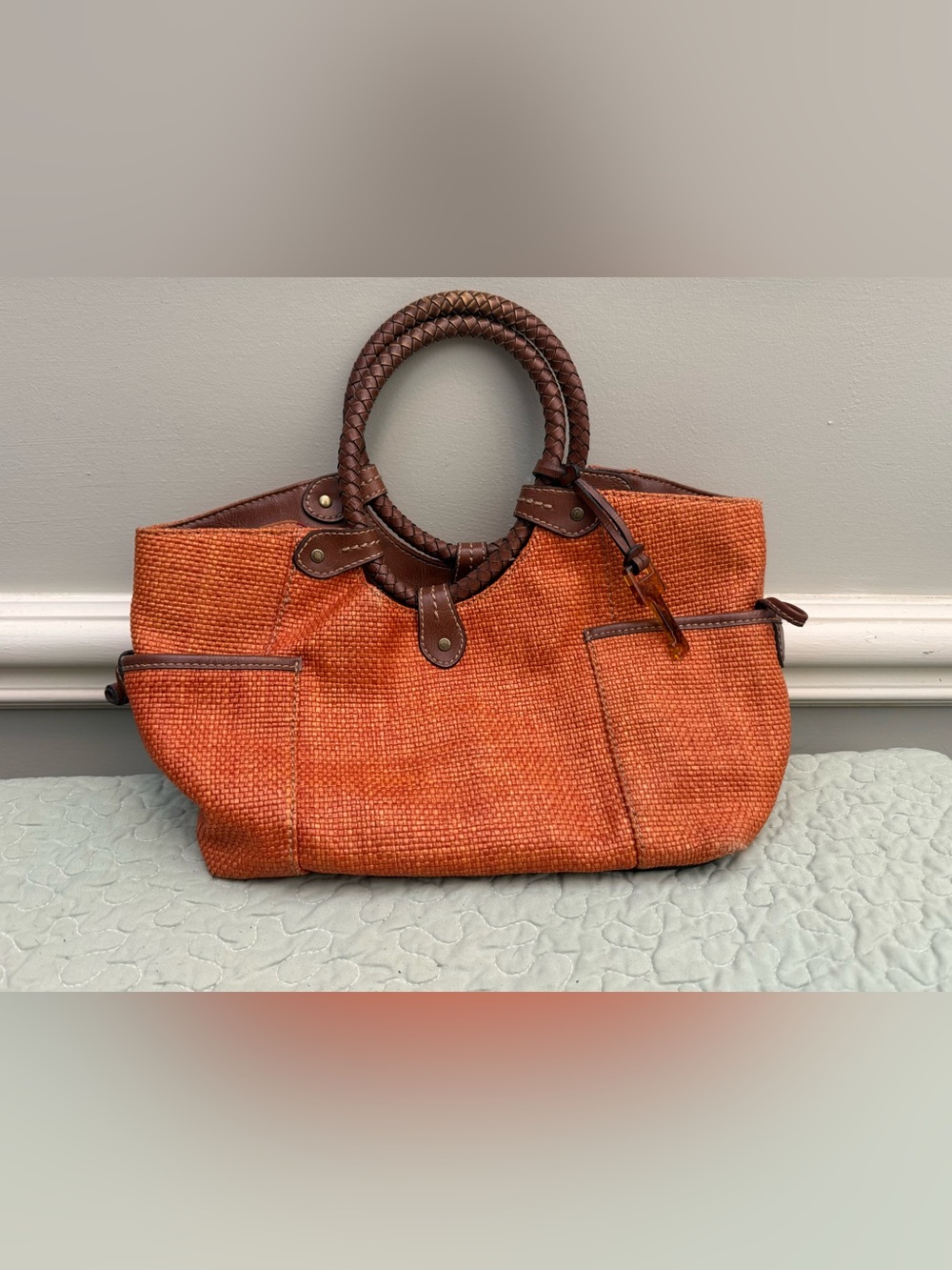 Fossil Orange Woven Tote with Braided Brown Handles